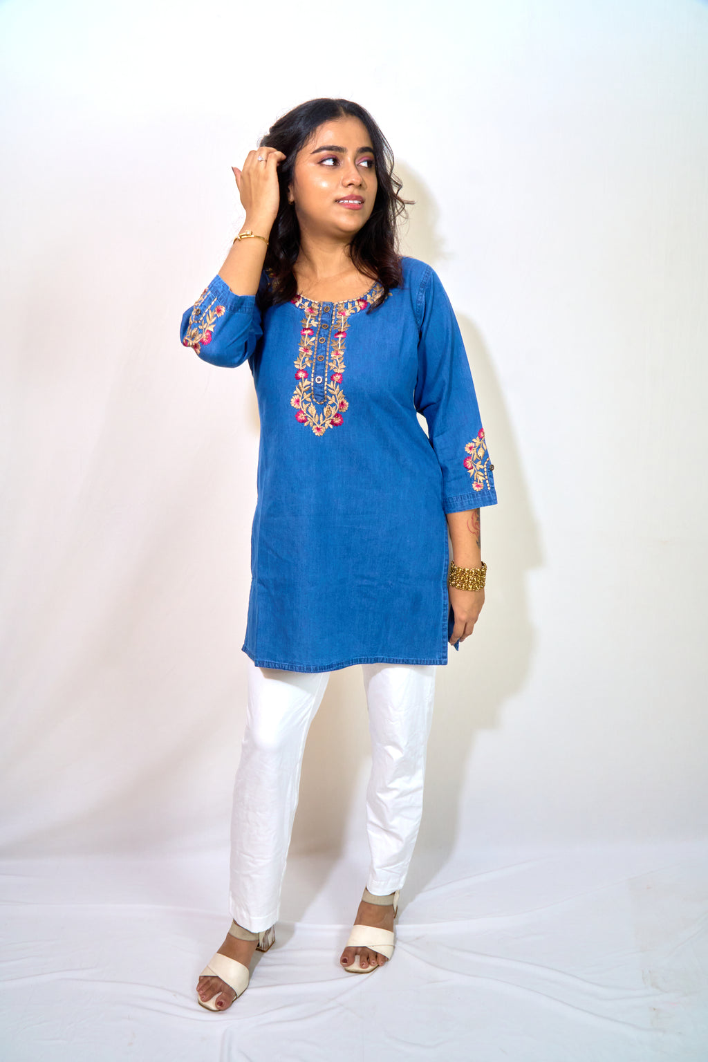 Indigo Floral Embroidered Denim Kurti