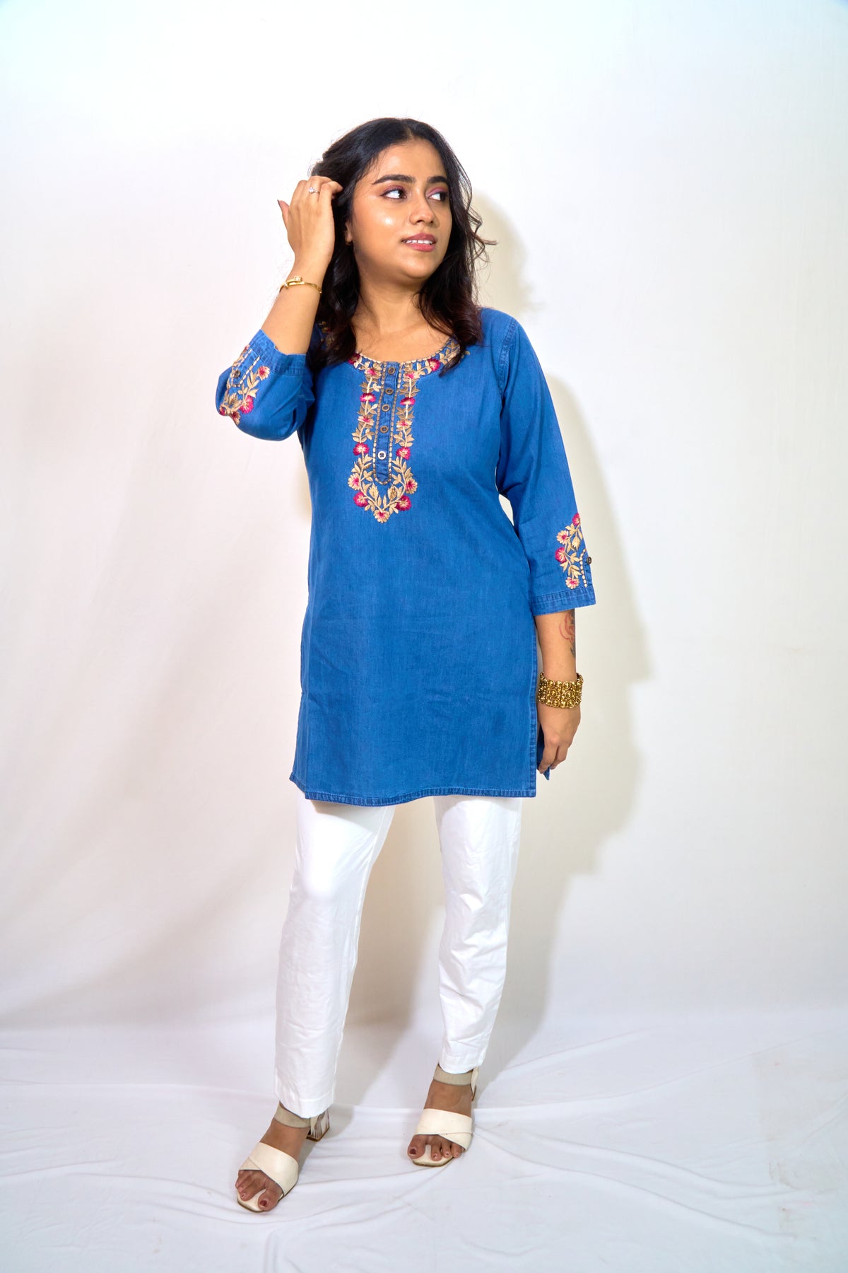 Indigo Floral Embroidered Denim Kurti