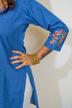 Indigo Floral Embroidered Denim Kurti