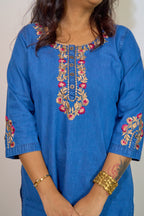 Indigo Floral Embroidered Denim Kurti