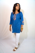 Indigo Floral Embroidered Denim Kurti