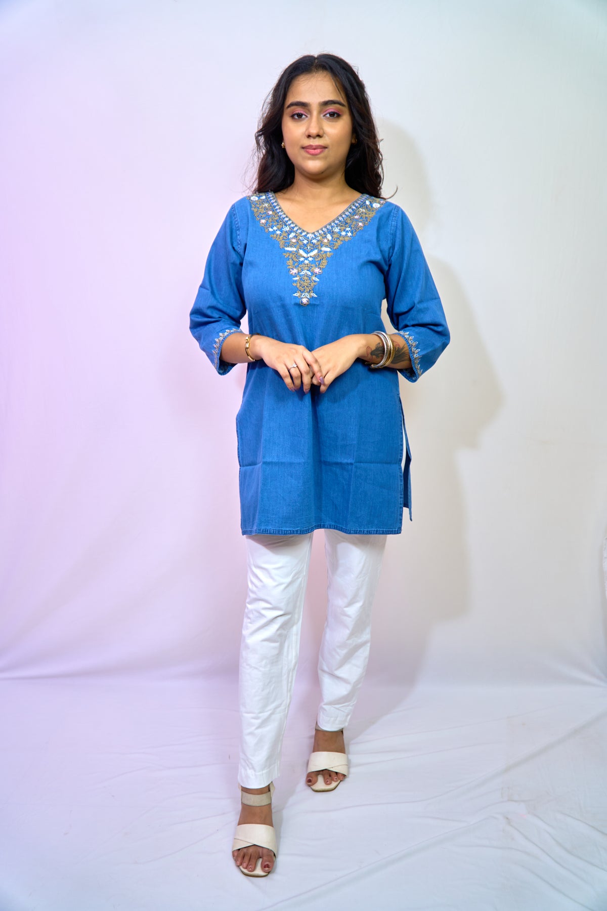 Indigo Royale Embroidered Denim Kurti