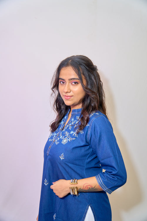 Indigo Bloomline Embroidered Denim Kurti