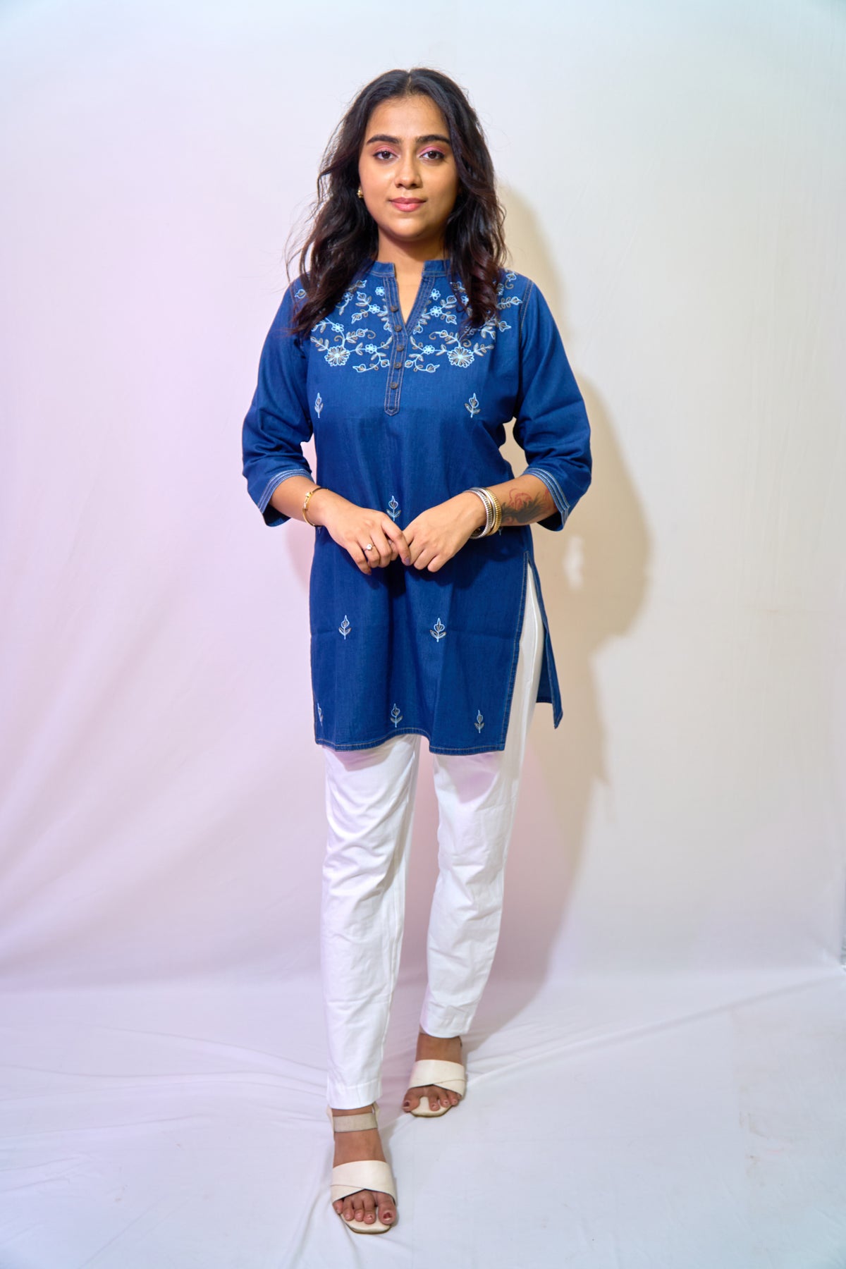 Indigo Bloomline Embroidered Denim Kurti