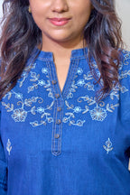 Indigo Bloomline Embroidered Denim Kurti