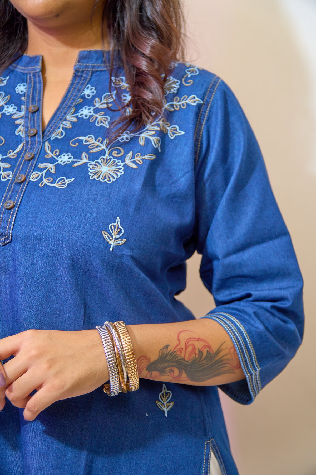 Indigo Bloomline Embroidered Denim Kurti
