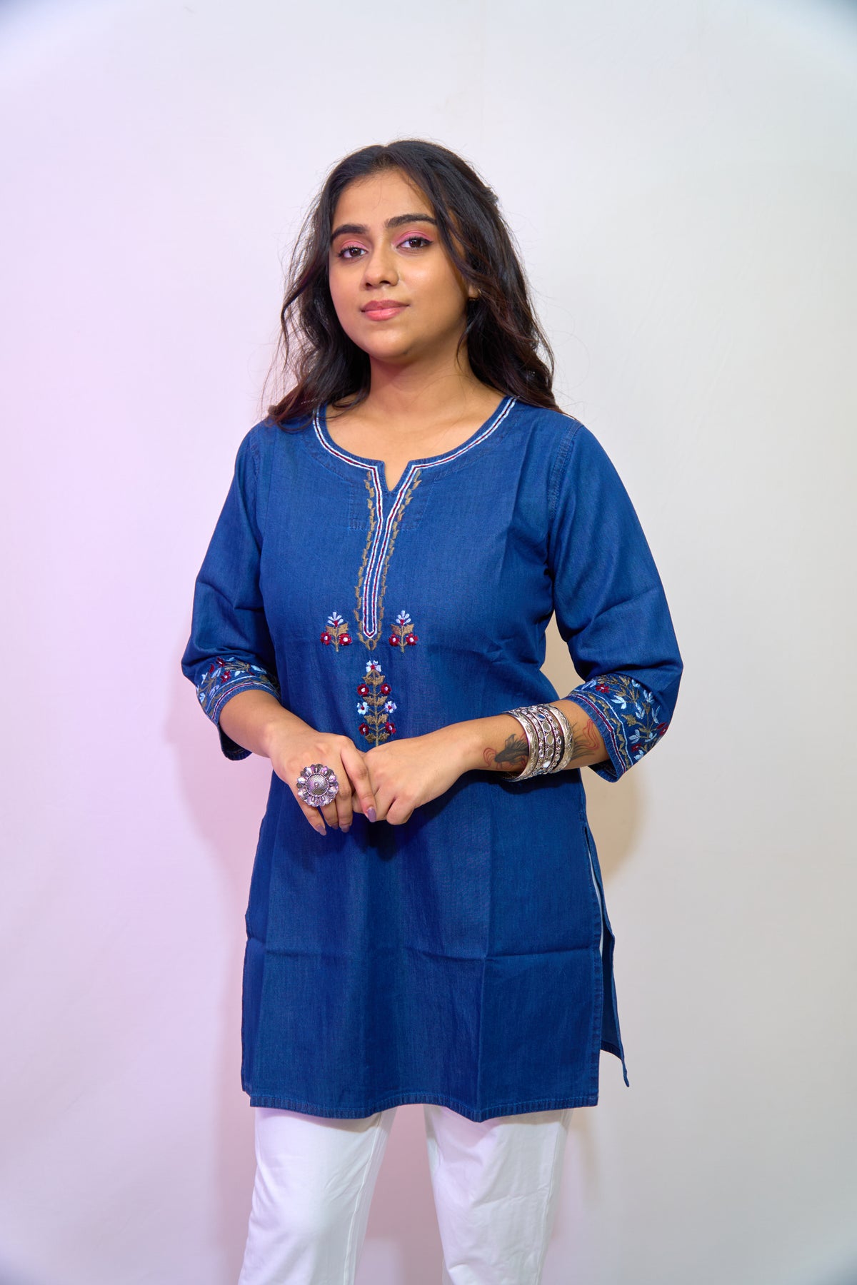 Midnight Bloom Denim Kurti