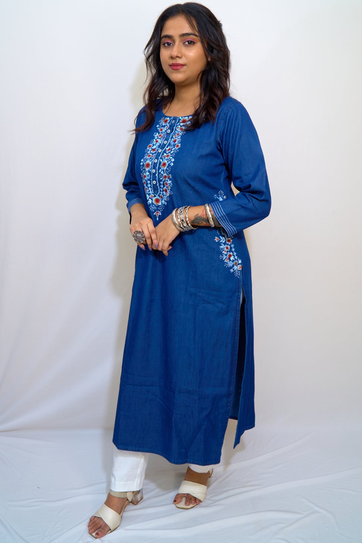 Midnight Bloom Long Denim Kurti