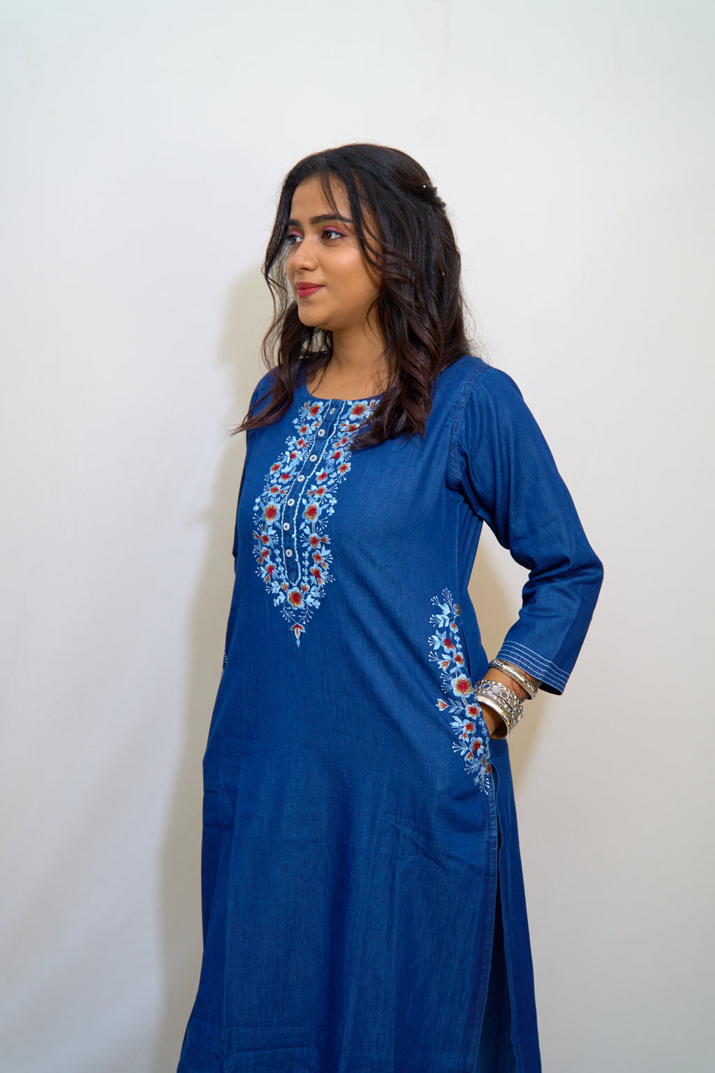Midnight Bloom Long Denim Kurti