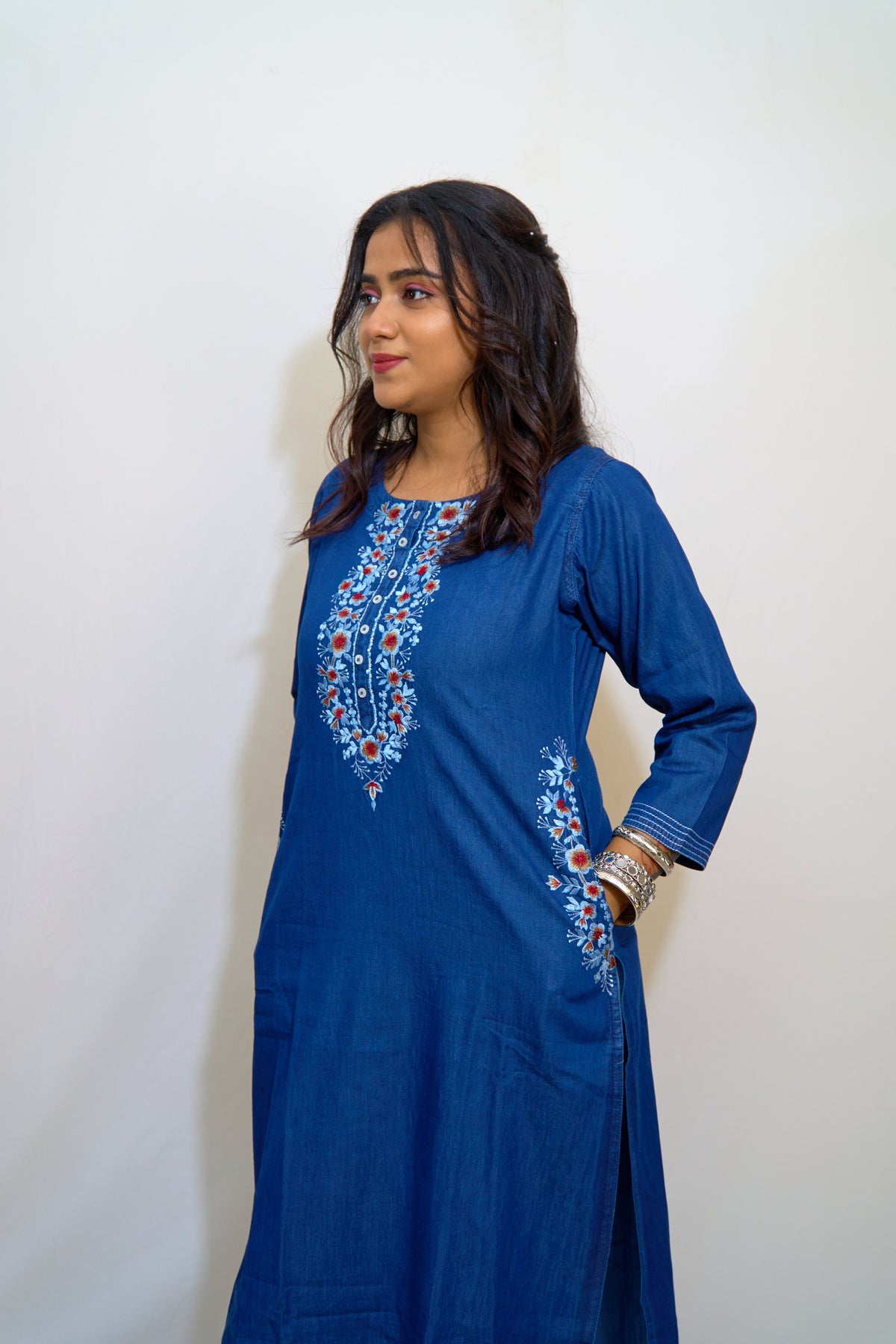Midnight Bloom Long Denim Kurti