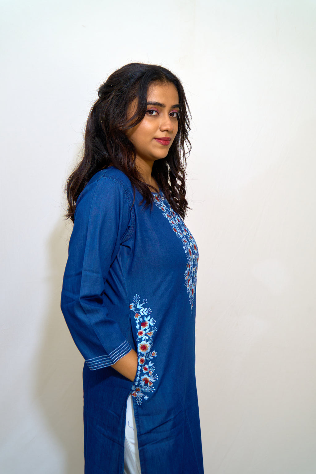 Midnight Bloom Long Denim Kurti