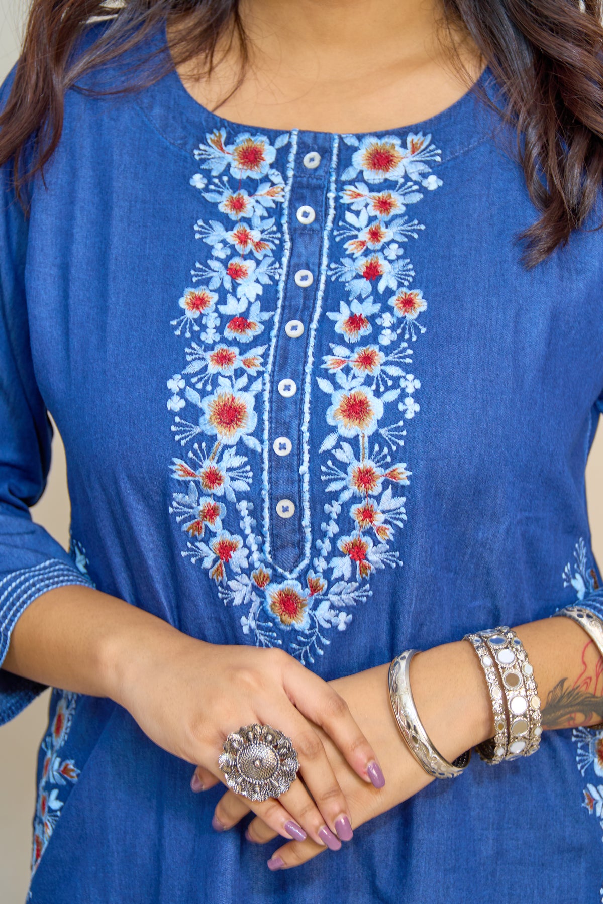 Midnight Bloom Long Denim Kurti