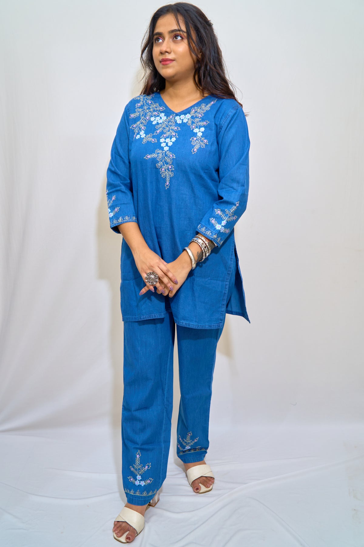 Blue Denim Embroidered Co-ord Set