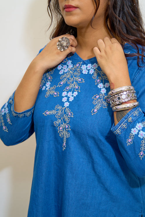 Blue Denim Embroidered Co-ord Set