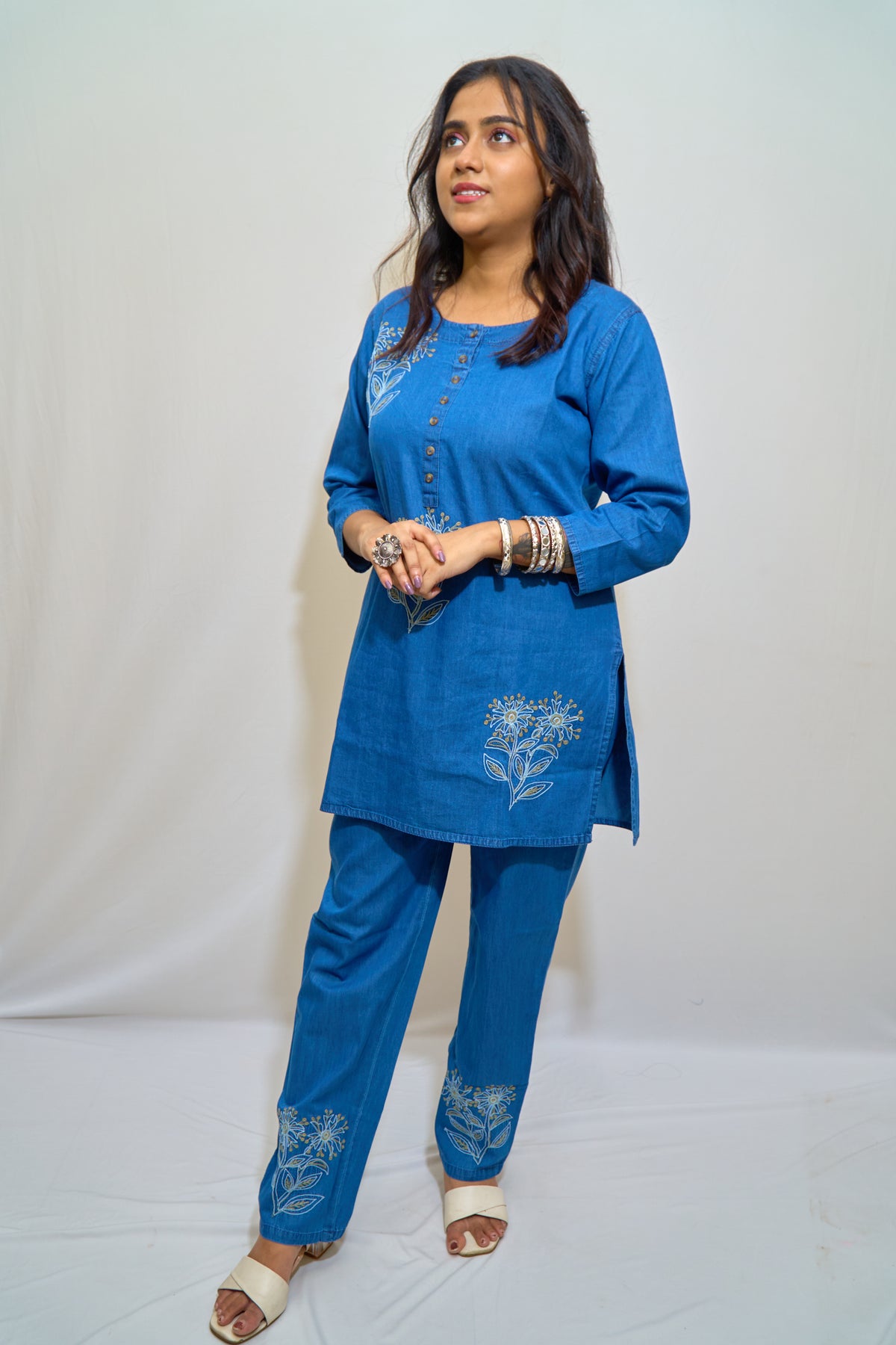 Indigo Bloom Embroidered Denim Co-Ord Set