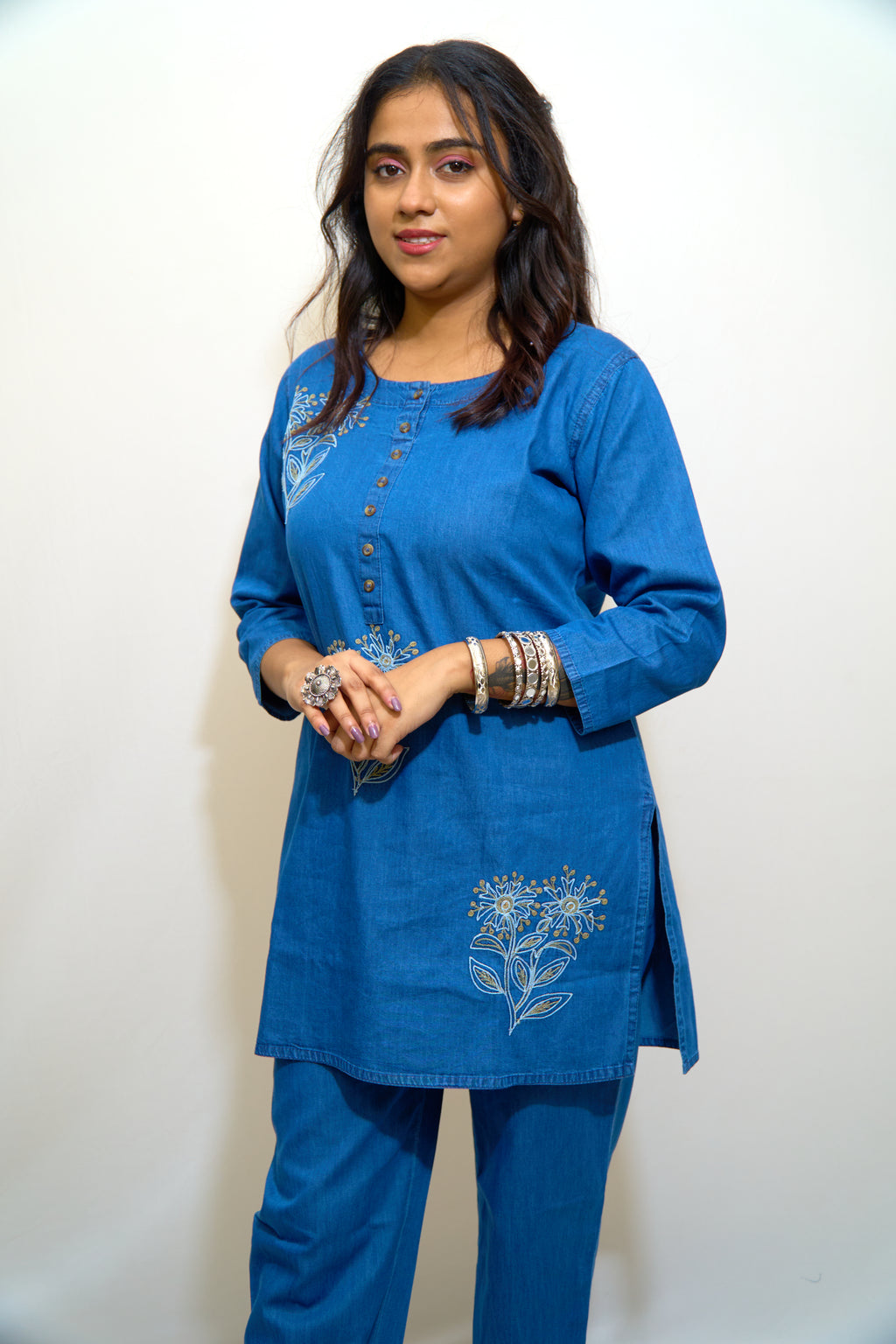 Indigo Bloom Embroidered Denim Co-Ord Set