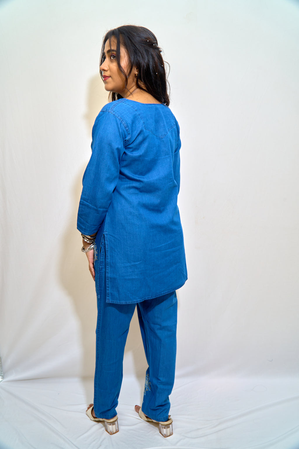 Indigo Bloom Embroidered Denim Co-Ord Set