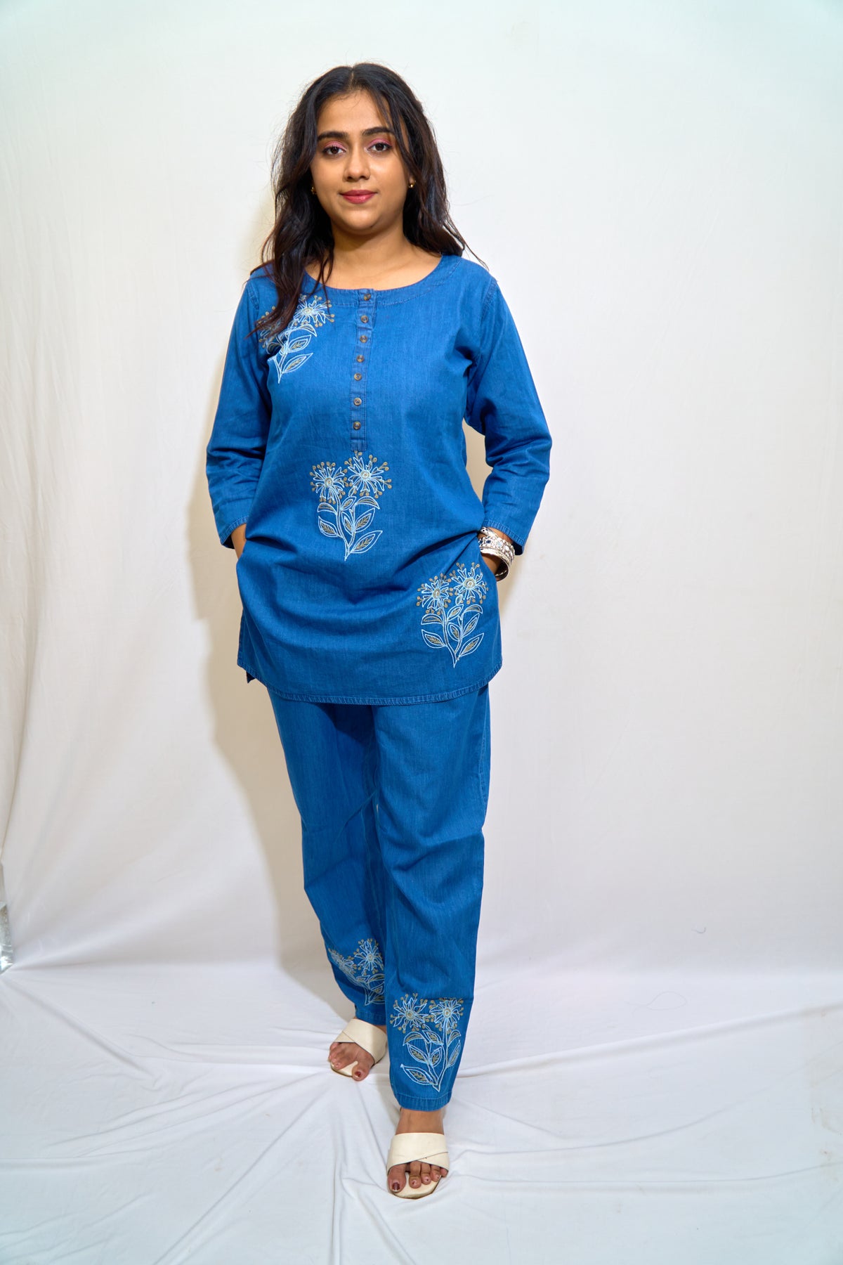 Indigo Bloom Embroidered Denim Co-Ord Set