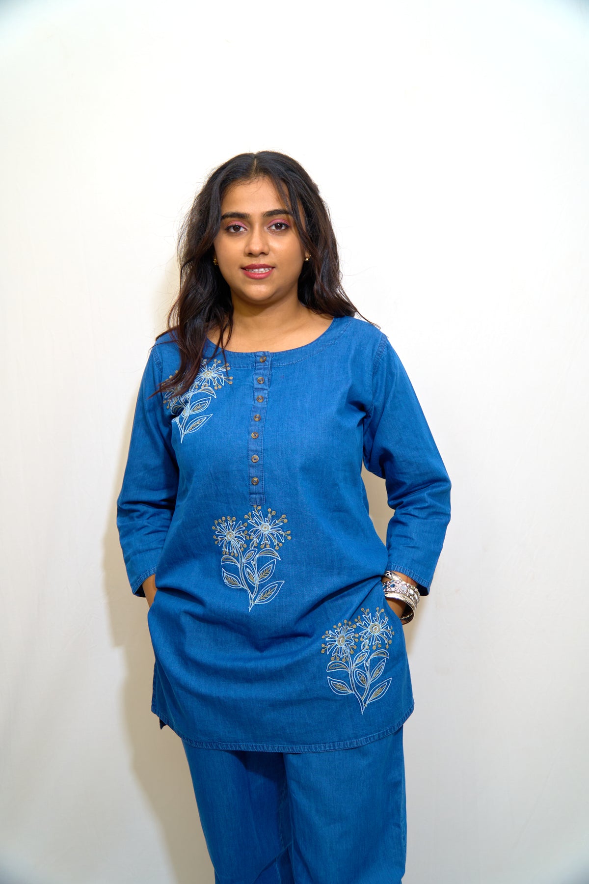 Indigo Bloom Embroidered Denim Co-Ord Set