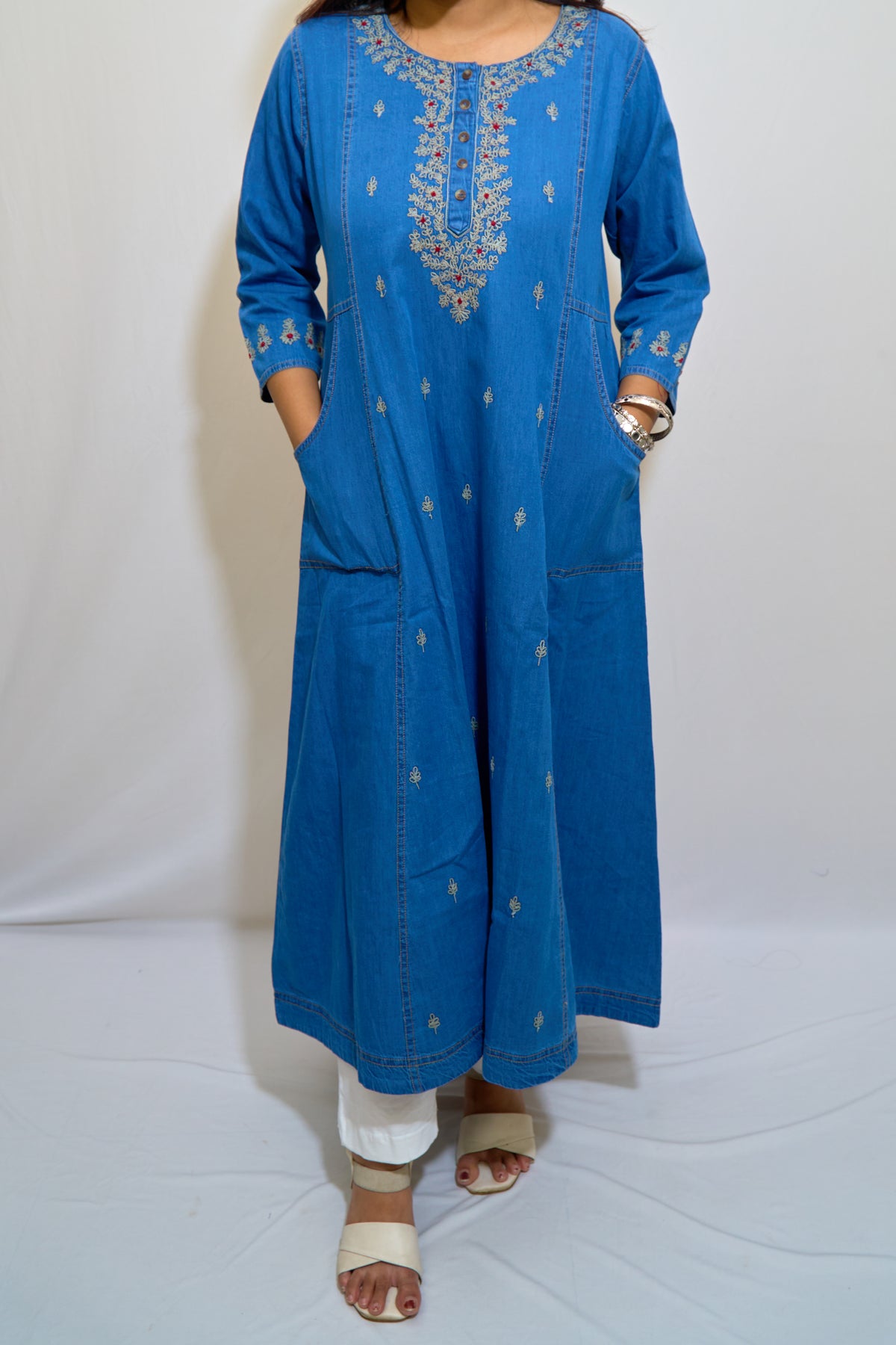 Indigo Denim Embroidered Long Kurti
