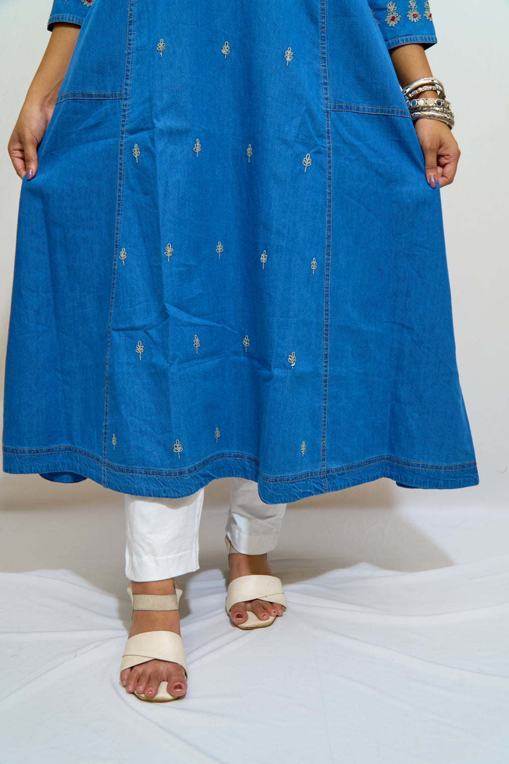Indigo Denim Embroidered Long Kurti