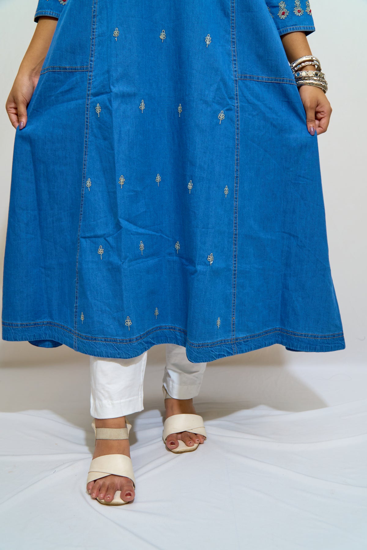 Indigo Denim Embroidered Long Kurti