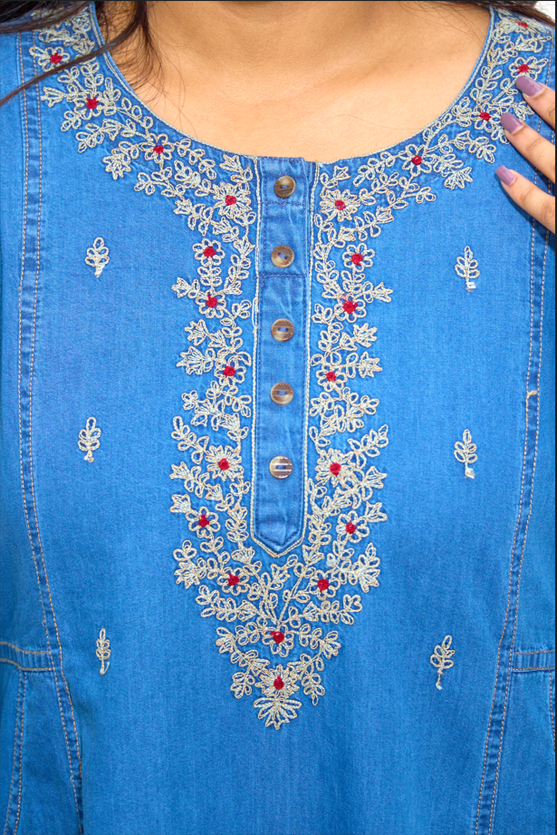 Indigo Denim Embroidered Long Kurti