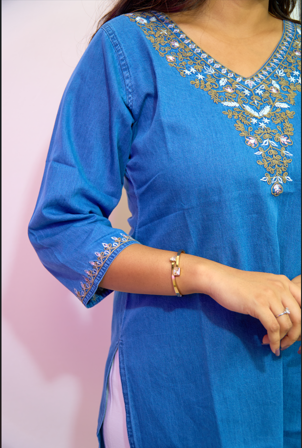 Indigo Royale Embroidered Denim Kurti